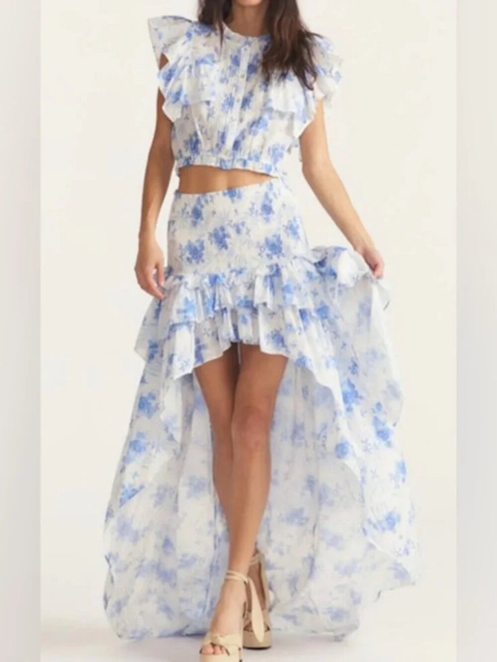 Women LoveShackFancy Palani White Blue (Item-5) Smocked Floral High-Low Skirt XS
